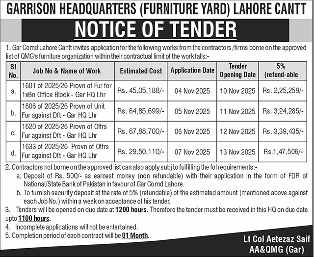 Garrison Headquaters Lahore Tender Notice